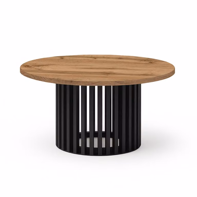 Stolik kawowy okrągły, czarny, DOVER, 60 cm, dąb Wotan z konstrukcją z lameli – minimalistyczny i ponadczasowy