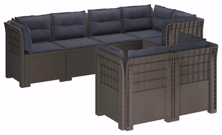 Sofa ogrodowa vidaXL, 7 miejsc, z poduszkami, imitacja rattanu, PP, jasnoszary