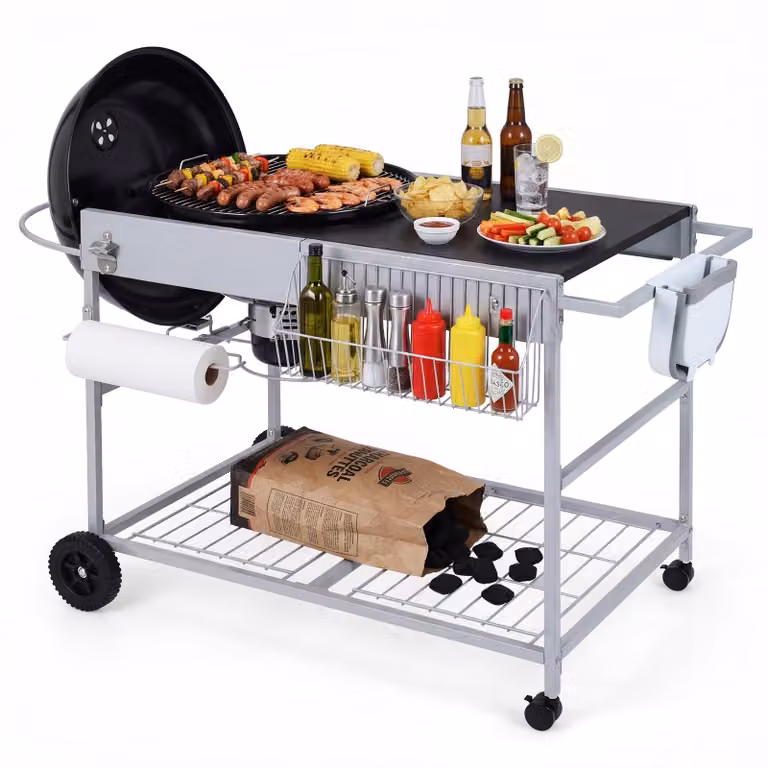Wózek do grilla COSTWAY Outdoor, wózek do serwowania potraw do grilla kulistego o średnicy 45–55 cm, stolik do grilla z 4 kółkami, uchwyt na pokrywę, półka na przyprawy i kosz na śmieci, mobilny stolik pomocniczy