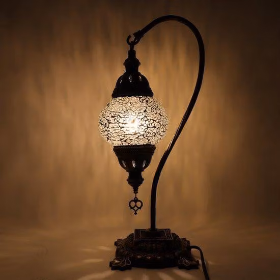 Lampa turecka – lampa mozaikowa – lampa stołowa – szyjka łabędzia – lampa marokańska – lampa orientalna – model łukowy – Ø 12 cm – wysokość 43 cm – autentyczna – ręcznie wykonana – kolorowa –