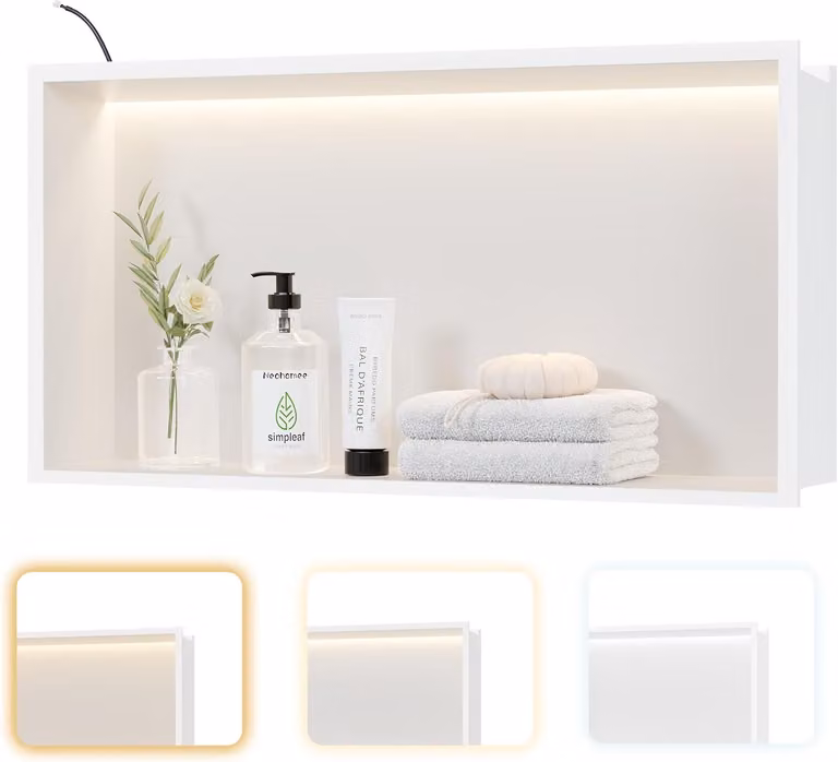 Deszczownica ze stali nierdzewnej z oświetleniem LED, wbudowana brodzik o wymiarach 60x30 cm, z 3 kolorami, idealna do przechowywania i dekoracji łazienki, kolor biały