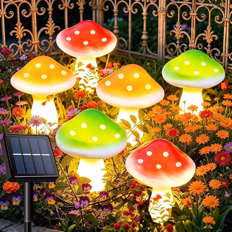 Oświetlenie solarne "Grzyby" - zestaw do oświetlenia ogrodu - dekoracyjne oświetlenie - 6 diod LED - odstęp między lampami 50 cm - wielokolorowe