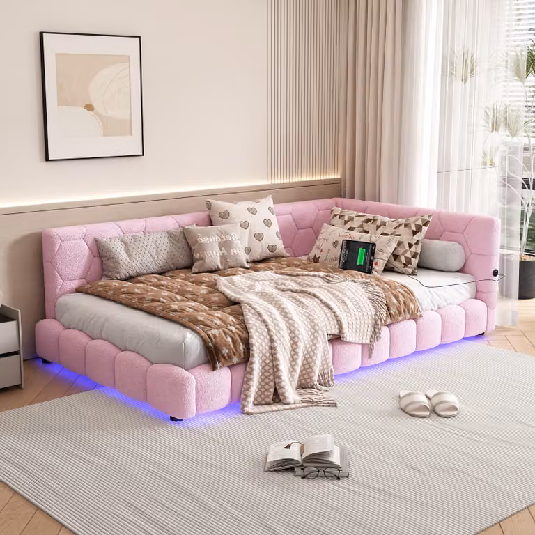 Łóżko tapicerowane Flieks 90x200cm z USB, rozkładana sofa z listwami, łóżko młodzieżowe z LED, łóżko dla gości, rozkładana sofa jednoosobowa, aksamit, różowy