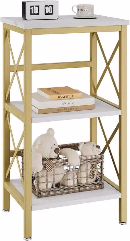 Półka na książki, 3-poziomowa, regał, półka na mikrofalówkę z metalową ramą, idealna do salonu, kuchni, biura lub gabinetu, wymiary: 40 x 29 x 75 cm, kolor: biały marmur