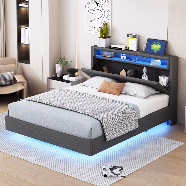 Łóżko tapicerowane o wymiarach 140 x 200 cm, z obiciem z lnu i oświetleniem LED oraz portami USB – łóżko z pojemnikiem na pościel, z odwracalnym zagłówkiem i ukrytymi nóżkami, w kolorze szarym