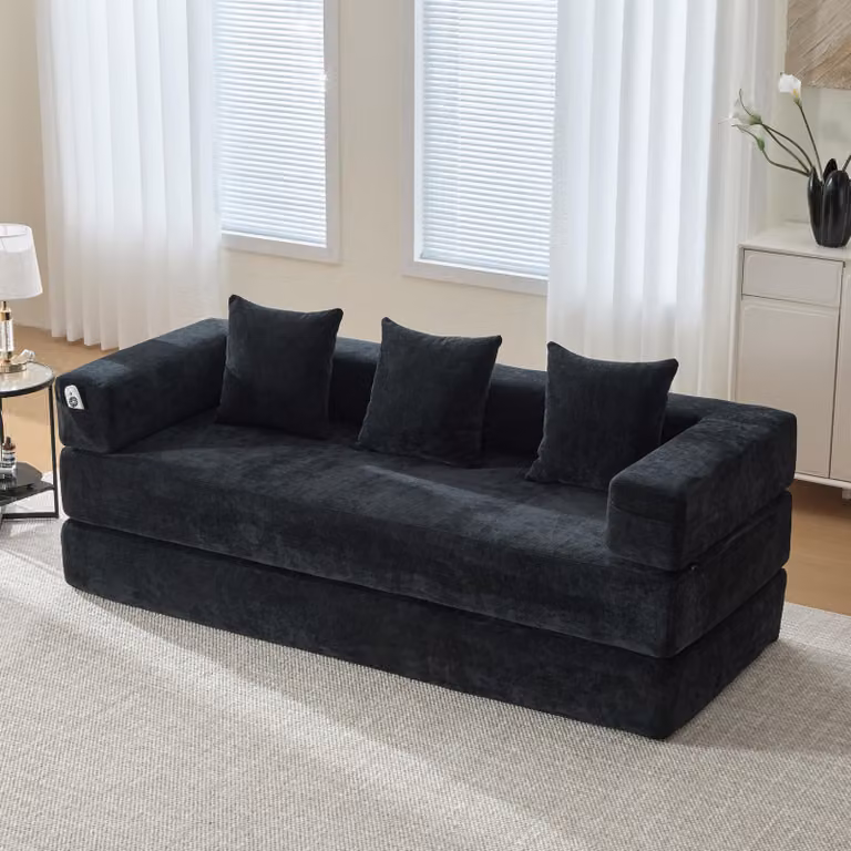 Modułowa sofa z bloków szenilowych – supermiękka, dowolnie kombinowalna. Z bocznymi kieszeniami do przechowywania i antypoślizgowym spodem. Idealna do salonu, pokoju zabaw lub majsterkowania – stwórz swoją przestrzeń do relaksu.