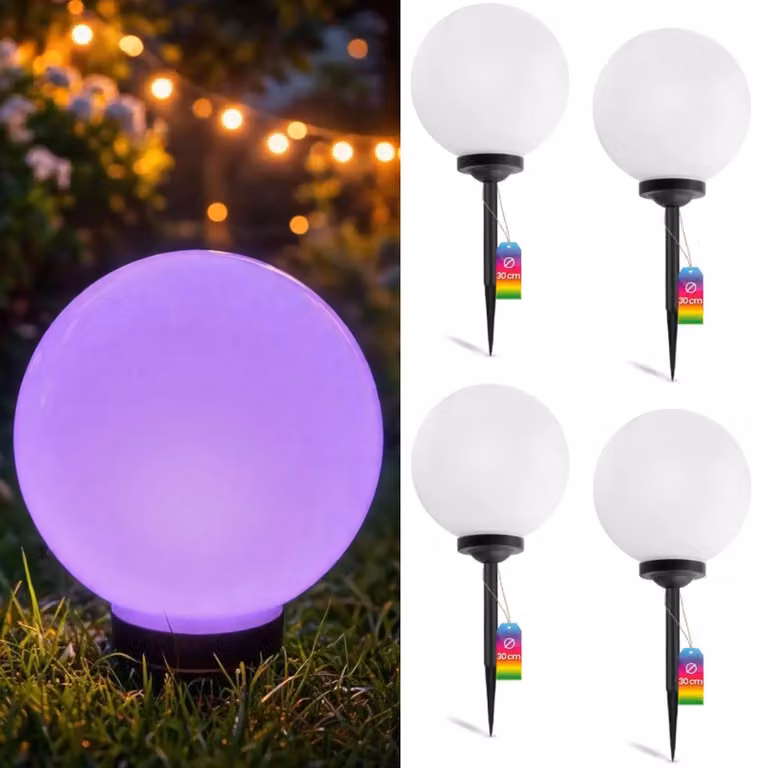 4x Lampa Solarna Ogrodowa LED ATRIS Wbijana Naziemna Biała Kula 30cm RGB LUMILED
