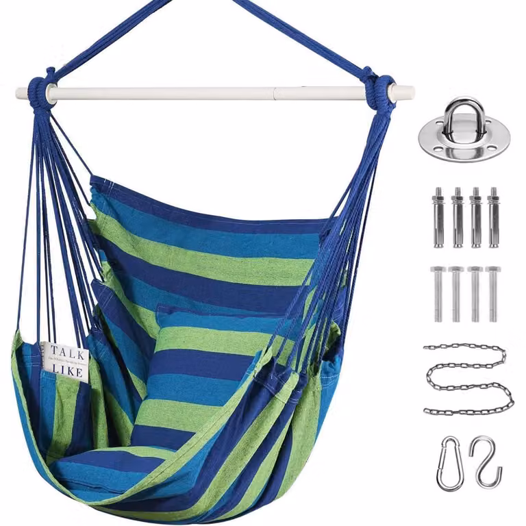 Hanging chair z bawełny, niebiesko-zielony, z 2 poduszkami siedziskowymi, wytrzymałość do 145 kg