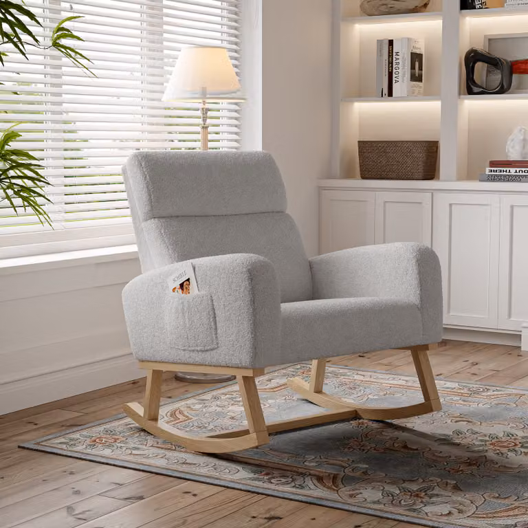 UnboxG fotel bujany, fotel bujany z podłokietnikami, fotel bujany z drewnianą ramą, filcowe ślizgacze, nośność do 150 kg, fotel bujany do salonu, sypialni, 78,5x53,5x87 cm