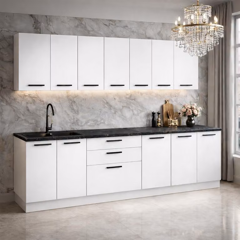 ULWEHOME Meble kuchenne Zestaw mebli kuchennych Kuchnia Milan 260cm | szafka • regał • blat • aneks kuchenny | Biały Mat 2,6 m