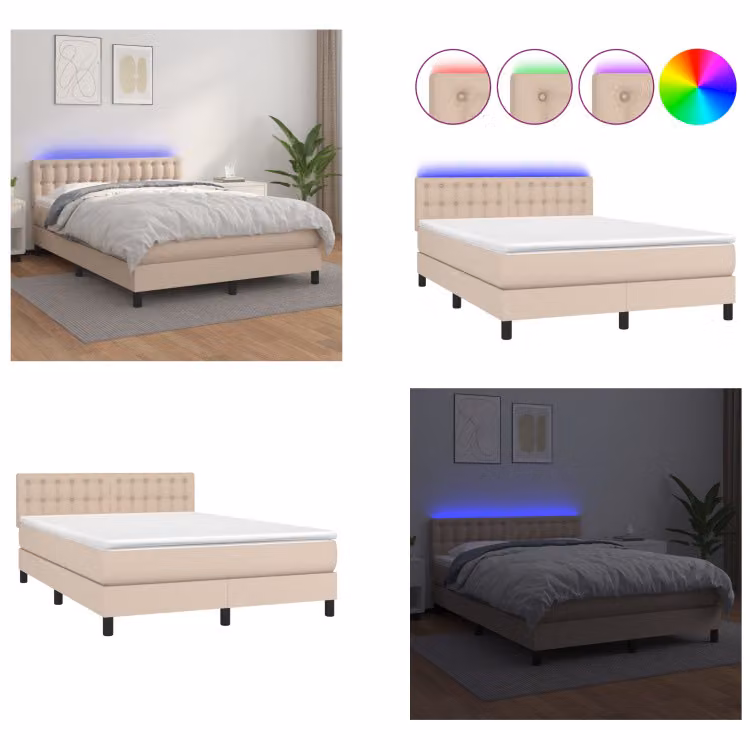 vidaXL Łóżko na sprężynach skrzyniowych z materacem i LED Cappuccino Brown 140x200cm - Łóżko na sprężynach skrzyniowych - Łóżka - Meble do sypialni