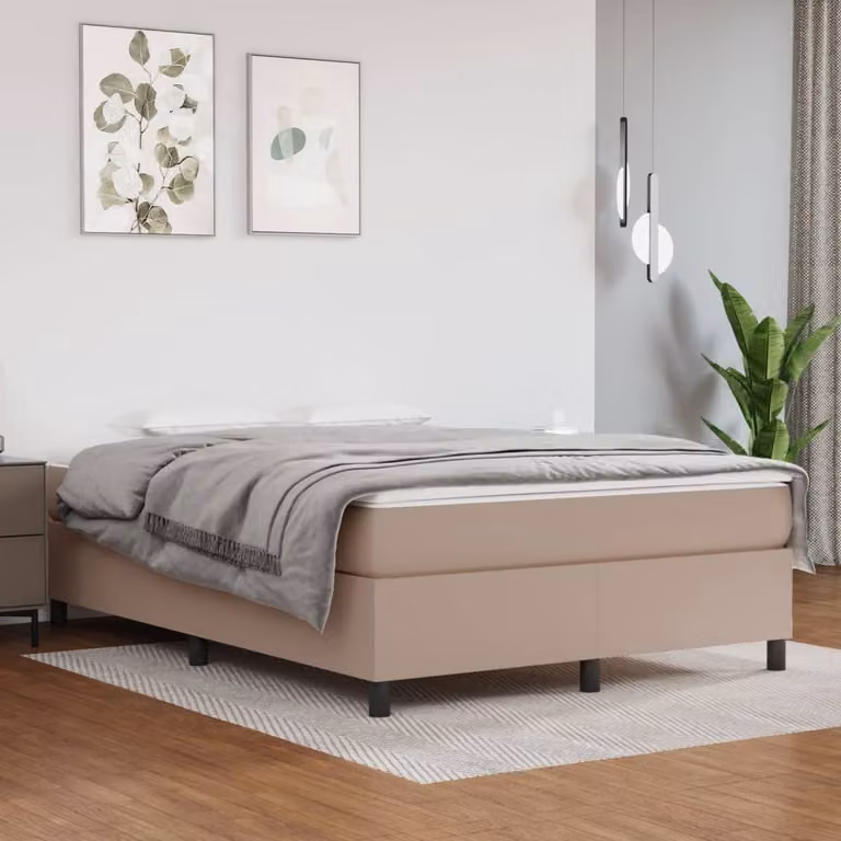 vidaXL Łóżko z materacem sprężynowym cappuccino brązowe 140x190 cm imitacja skóry - Łóżko z materacem sprężynowym - Łóżko - Meble do sypialni
