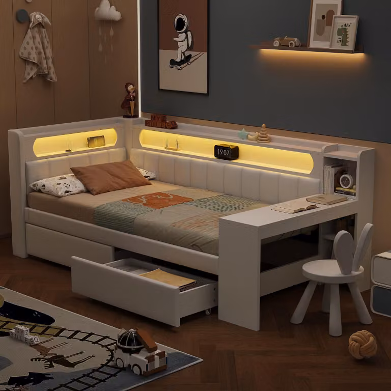 Łóżko dzienne 90x200 białe, USB, 7-kolorowa dioda LED, biurko i 2 szuflady