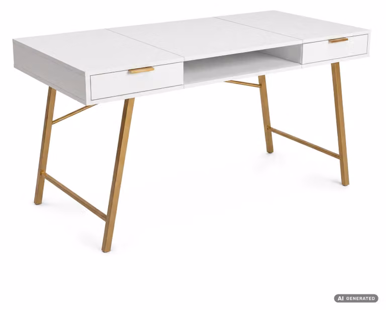 Biurko industrialne komputerowe Białe ARDEN 120 cm 2 szuflady 1 półka Złote nogi