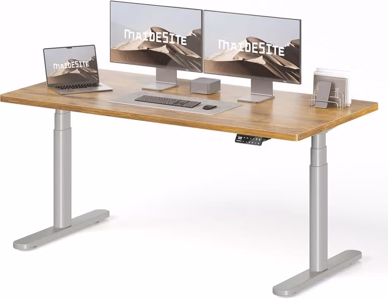 Stół biurko elektrycznie regulowane na wysokość - 140x70 cm - rama stalowa - kolor brązowy w stylu vintage