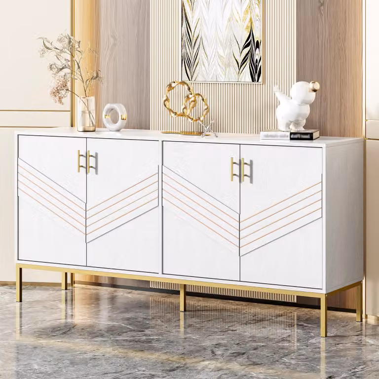 Merax kredens 160x40x80,5cm, 4 drzwi z półkami o regulowanej wysokości, komoda do salonu MDF z metalowymi nogami, nowoczesna i elegancka, białe złoto