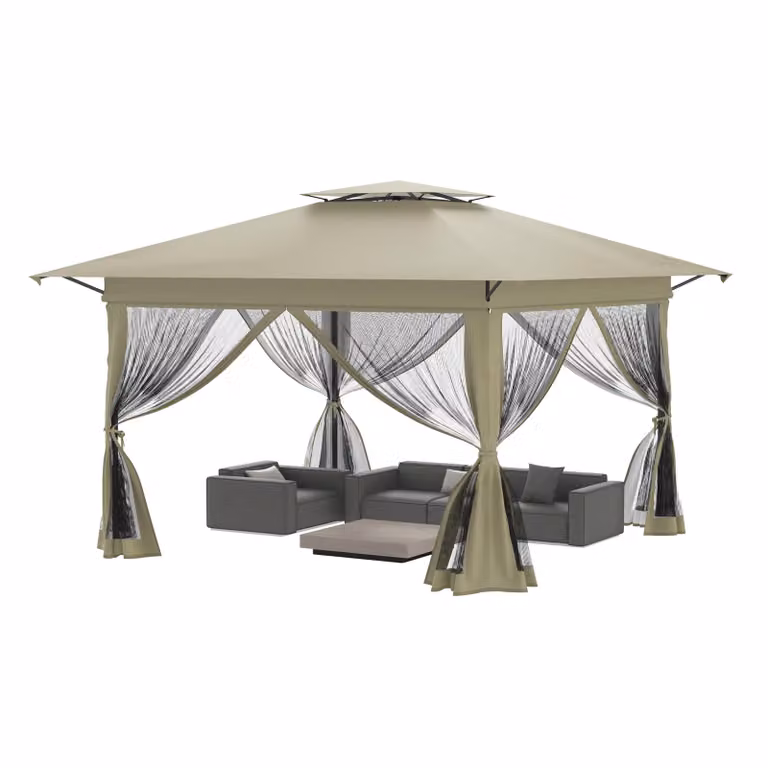 Altana ogrodowa XMTECH, altana typu pop-up 3x3 m z dachem 4x4 m, ochrona przed promieniowaniem UV, odporna na wiatr, z regulacją wysokości, tkanina Oxford 210D, kolor khaki
