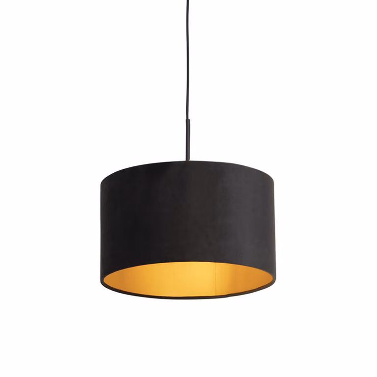 QAZQA – Klasyczna I Antyczna lampa wisząca I Stół jadalny I Jadalnia I Lampa wisząca I Lampa podwieszana I Lampa wisząca I Lampa I Lampa z welurowym kloszem czarnymIGold I Mosiądz 35 cm – Combi I Salon