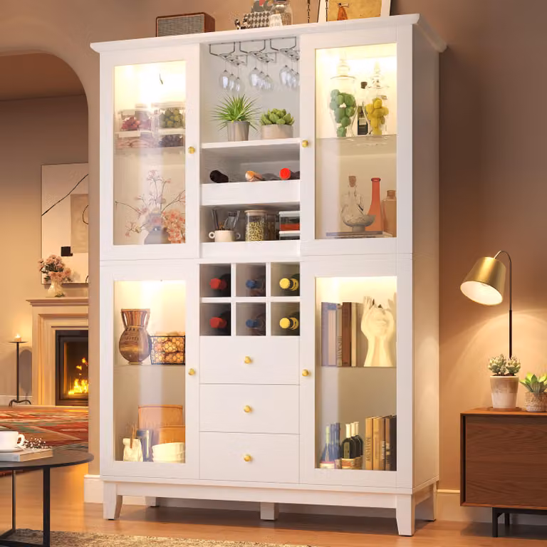 Szafka kuchenna Flieks z oświetleniem LED sterowanym za pomocą aplikacji, szafka na wino z 3 szufladami, uchwyt na kieliszki i butelki, kredens 120 x 40 x 180,5 cm, biały