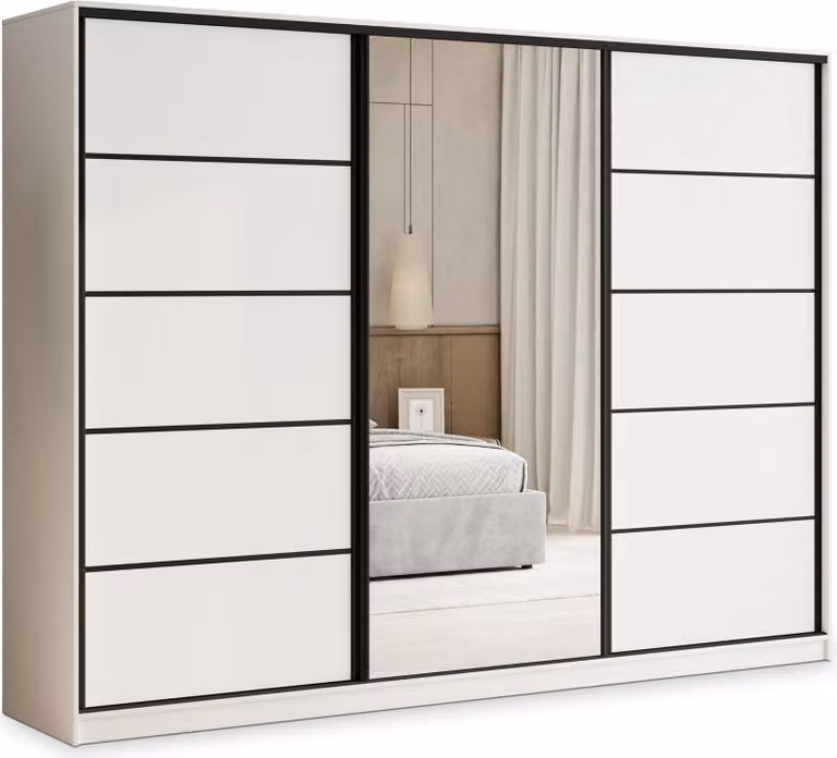 Szafa z drzwiami przesuwnymi Masseno PINA 235/205/58 cm Szafa na ubrania z 4 szufladami Szafa do sypialni 3-drzwiowa z lustrem Biała