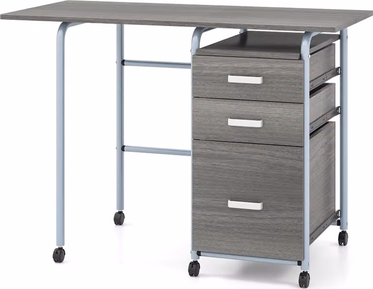 COSTWAY 105x50x75cm Składane biurko komputerowe z 3 szufladami, kółkami i metalową ramą, oszczędzające miejsce biurko biurowe, składane biurko szare