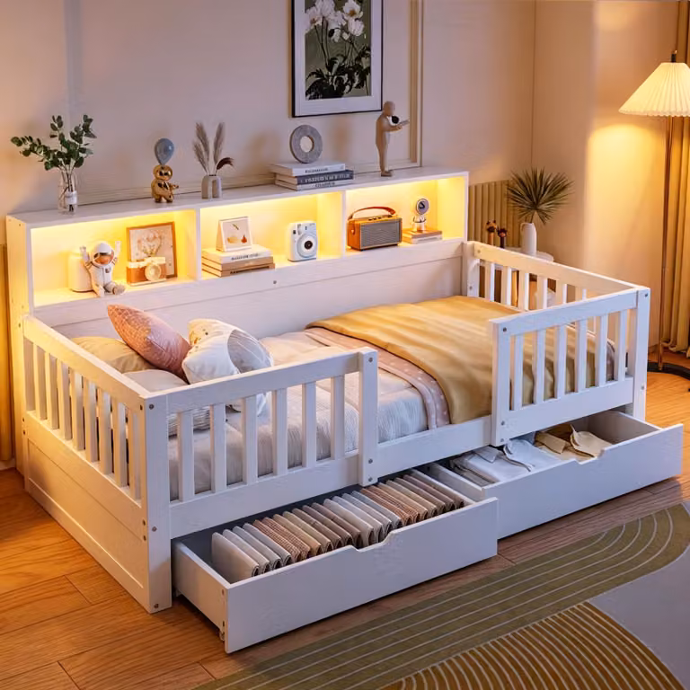 Łóżeczko dziecięce 90 x 200 cm, białe, wykonane z metalu, sklejki i MDF, z szufladami i oświetleniem LED, idealne do sypialni