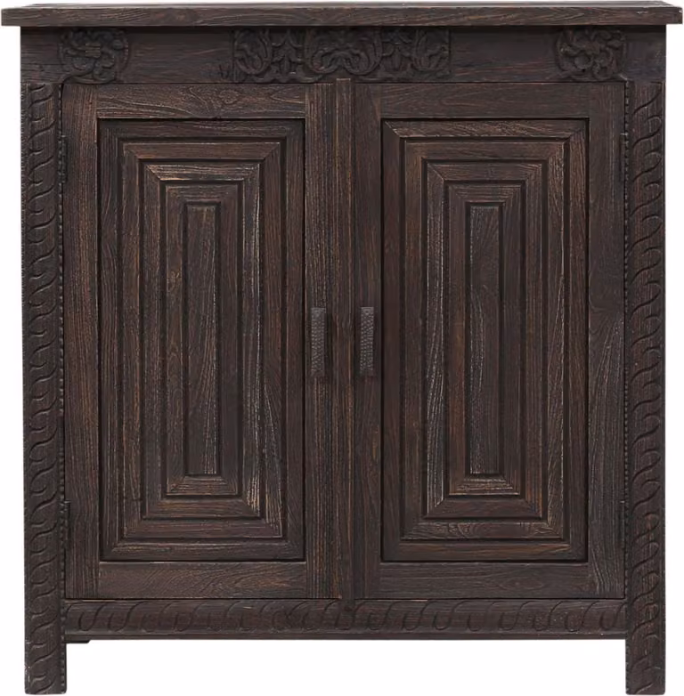 Marrakech komoda vintage z drewnianymi drzwiami 99cm | Skandynawska dekoracja mała komoda kredensowa Camelea ręcznie rzeźbiona do stylowego przechowywania i dekoracji Estetyczna w salonie i sypialni