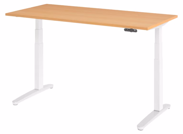 Biurko elektryczne bümö XBHM – wykończenie: buk, wymiary: 160 x 80 cm, stelaż: biały/polerowane aluminium