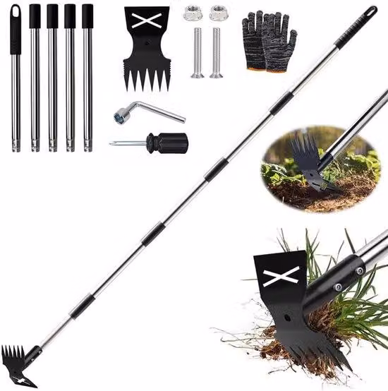 Unyqoos® Narzędzie do usuwania chwastów 2 w 1 (grabie i motyka) z trzonkiem o długości 180 cm, wykonane ze stali nierdzewnej – ergonomiczne, zaprojektowane z myślą o ochronie kręgosłupa, idealne do ogrodu, trawnika i tarasu