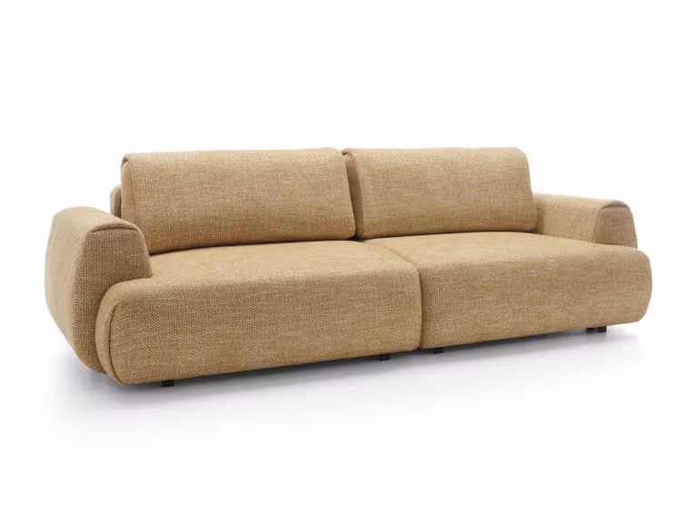 Sofa rozkładana BETTSO MORENA w kolorze żółtym - Nowoczesna sofa z podstawą łóżka, poduszkami i funkcją spania, wygodna i oszczędzająca miejsce