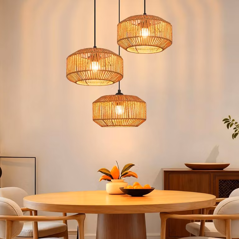 ZMH lampa wisząca boho lampa wisząca rattanowa lampa wisząca lampa wisząca z regulacją wysokości lampa wisząca jadalnia 3 płomienie lampa stołowa retro z gniazdem E27