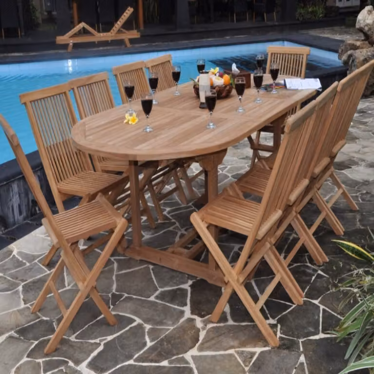 Sitzgruppe Teak 8 Klappstühle Alessandria + Ausziehtisch Parma 180-240 x120cm