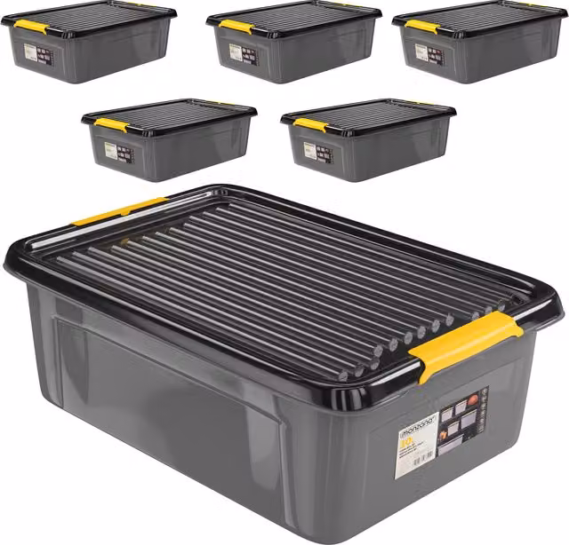 Zestaw 6 plastikowych pudełek do przechowywania monzana® z pokrywkami w kolorach szarym, antracytowym i żółtym, możliwość sztaplowania, Szerokość: 39 cm, Głębokość: 30 cm, Wysokość: 16 cm