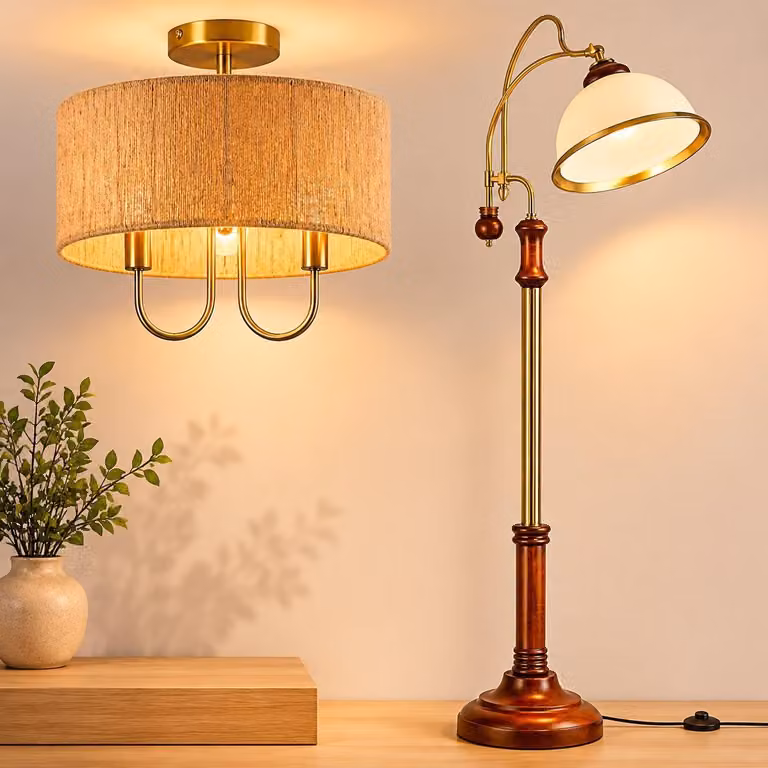 Zestaw oświetleniowy w stylu secesyjnym (2 elementy) – rzeźbiona lampa podłogowa oraz brązowa lampa sufitowa z dwoma żarówkami i papierowym przewodem