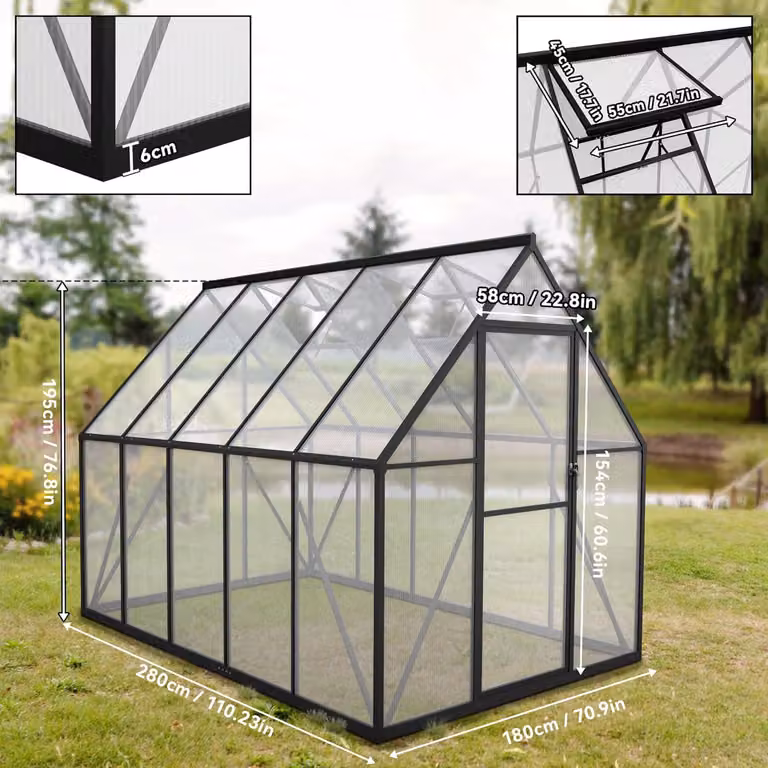 Aluminiowa szklarnia – szklarnia ogrodowa – skrzynka na rośliny – szklarnia – szklarnia do uprawy – wymiary: 280 x 180 x 195 cm – podwójne ścianki z poliwęglanu