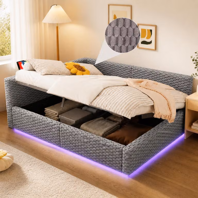 Rozkładana sofa Flieks 140 x 200 cm z oświetleniem LED i gniazdkami, łóżko tapicerowane z mechanizmem hydraulicznym i schowkiem, łóżko dzienne podwójne z oparciem, aksamit, szare