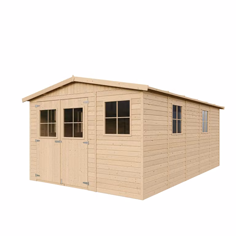 Drewniana szopa ogrodowa - Pomieszczenie gospodarcze z oknami - H226x516x324 cm/15 m² Szopa z płyty wiórowej z naturalnego drewna - Warsztat ogrodowy - Rower - TIMBELA M337