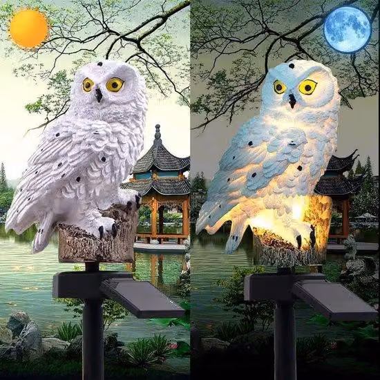 Lampa solarna Uil - Dekoracja ogrodowa - Lampa zewnętrzna z motywem zwierzęcia, wykonana z żywicy - Bezprzewodowe oświetlenie LED, włączające się automatycznie o zmierzchu i wyłączające o świcie - Wodoodporna