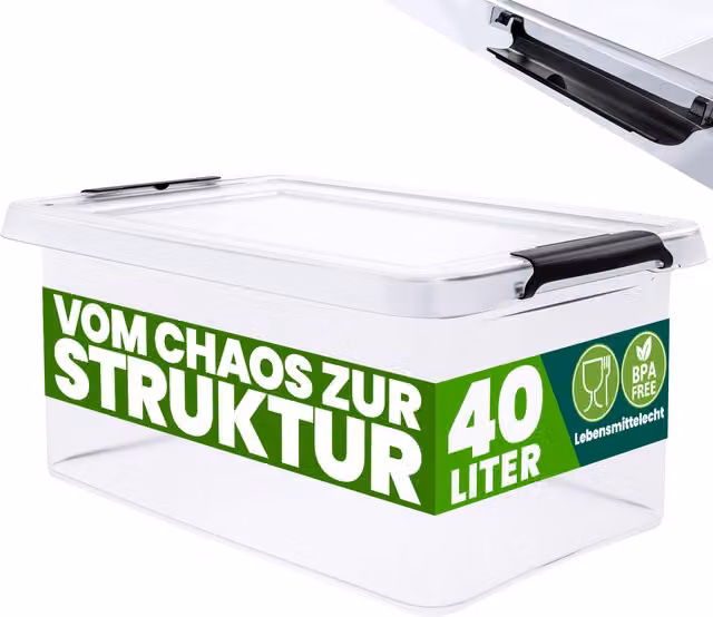 Przezroczysty pojemnik Deuba z pokrywą i kółkami o pojemności 40 l, Szerokość: 58 cm, Głębokość: 39 cm, Wysokość: 26 cm