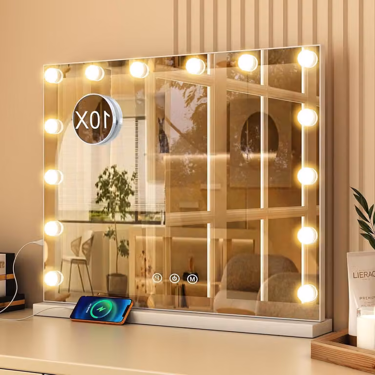 Luster do makijażu z oświetleniem – lustro w stylu Hollywood – idealny wygląd – 14 regulowanych lamp – 50x40 cm – biały
