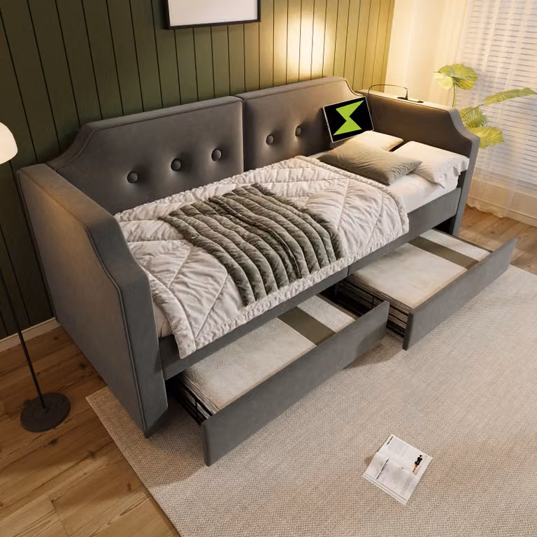 Flieks rozkładana sofa tapicerowana 90x200cm z USB i lampką do czytania, łóżko do przechowywania, łóżko pojedyncze z 2 szufladami, funkcjonalne łóżko dzienne rozkładana sofa, aksamit, szary