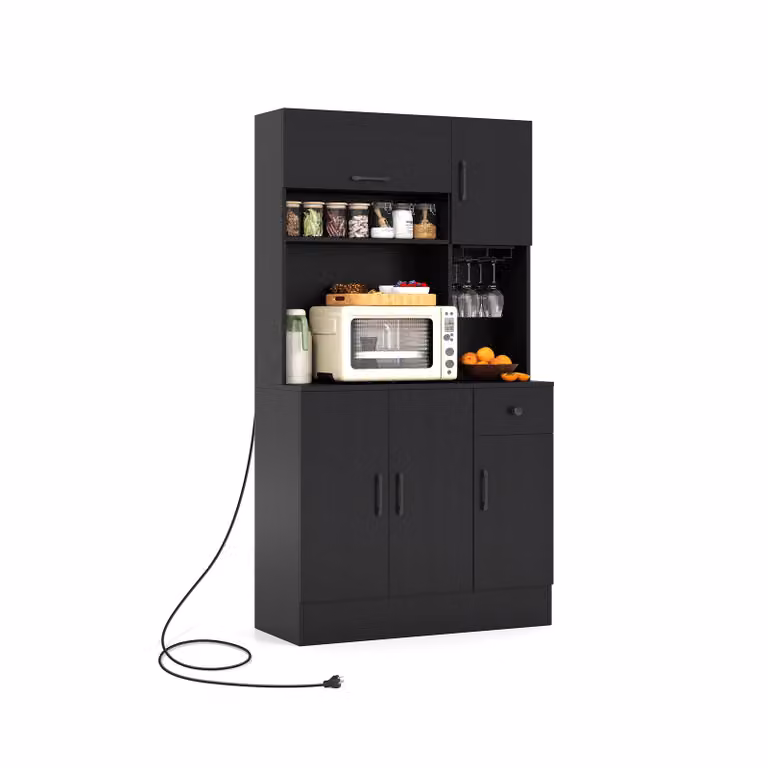 Drewniana szafka kuchenna COSTWAY, szafka bufetowa z gniazdkami i portami USB i typu C, wysoka szafka z półkami i szufladą, 90 x 39 x 167 cm, czarna