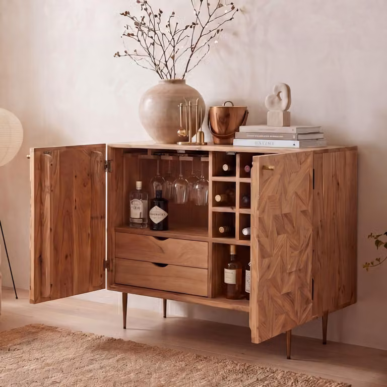 FineBuy, szafka barowa z litego drewna akacji, 90 cm, kolor naturalny, półki na wino, mini bar, stojak na kieliszki, szafka na wino, drewniane drzwi, szafka na napoje, komoda barowa, drewno, ręcznie robiona