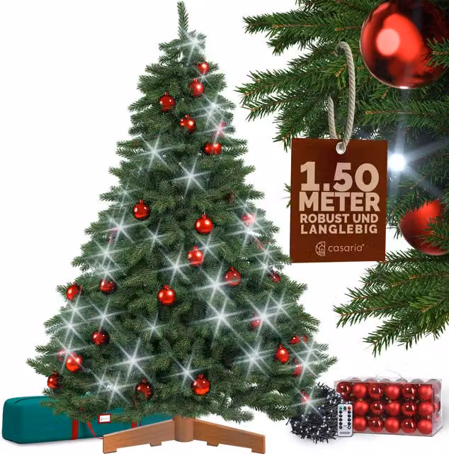 Sztuczna choinka premium 150cm + bombki czerwone + lampki choinkowe zimne białe
