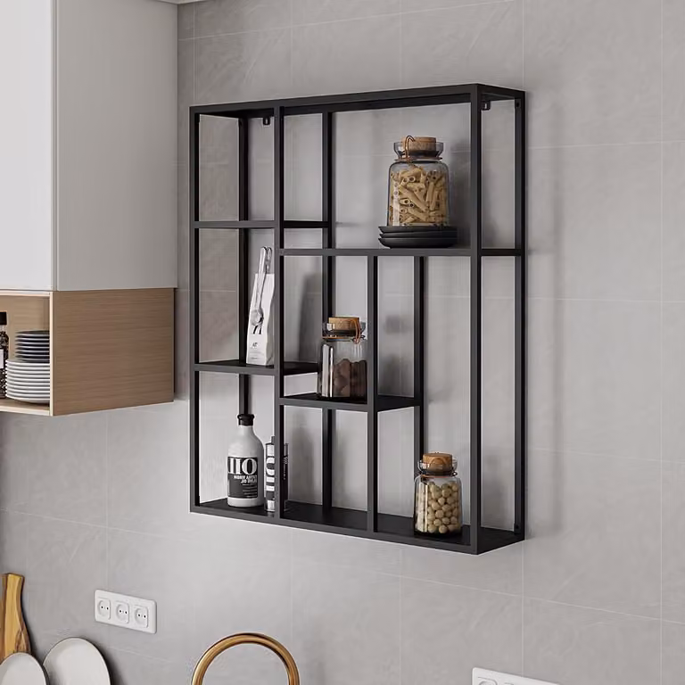 Wandrek – Półka ścienna – Dekoracja do salonu – Kształt piramidy – 90x75x18 cm – Matowa czerń
