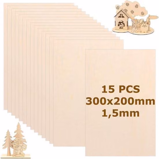 15 arkuszy sklejki wielowarstwowej o grubości 1,5 mm (300 x 200 mm), wykonanej z drzewa lipowego, sklejka lipowa, drewniane listwy do rękodzieła, płyta drewniana, do prac ręcznych, modelarstwa i projektów kreatywnych