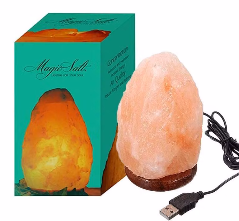Lampa USB z kryształu soli himalajskiej - różowa - lampka biurkowa z drewnianą podstawą i wielokolorowymi diodami LED