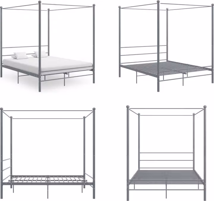vidaXL Łóżko z baldachimem szare metalowe 160x200 cm - Rama łóżka - Metalowa rama łóżka - Łóżko - Łóżka