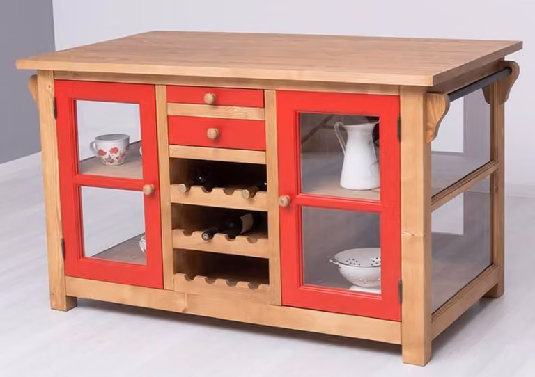 Casa Padrino wyspa kuchenna w stylu rustykalnym kolory naturalne / czerwony 150 x 90 x wys. 90 cm - Szafka kuchenna z litego drewna - Meble kuchenne z litego drewna w stylu rustykalnym - Meble do jadalni z litego drewna w stylu rustykalnym