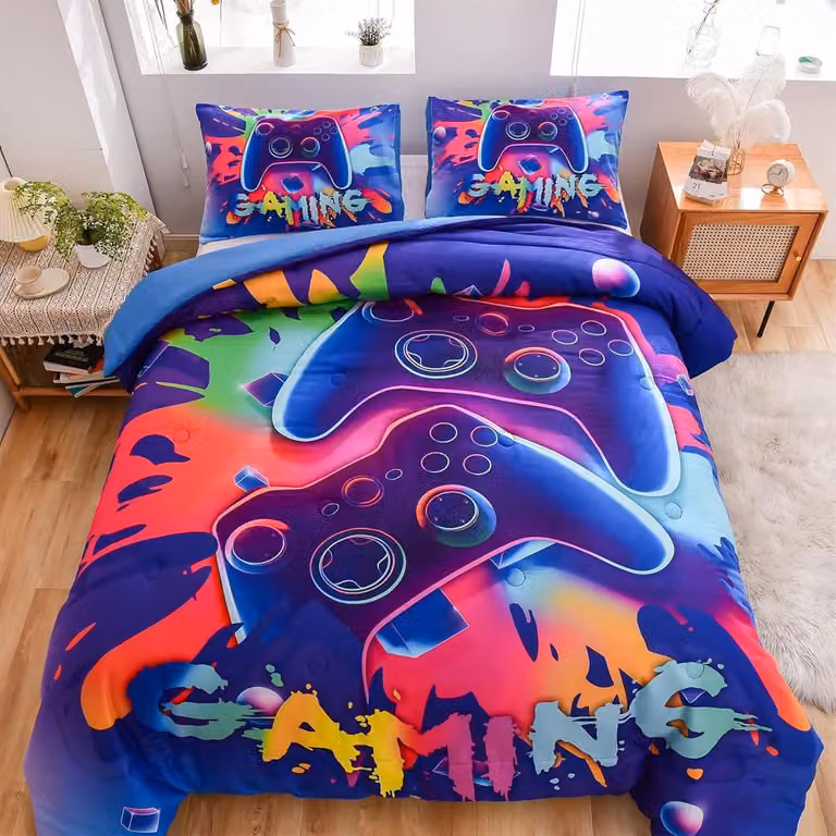 Komplet pościeli z motywem gamepada, 200 x 200 cm, zawierający dwa poszewki na poduszki